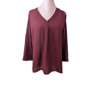 41 Hawthorn Shirt Burgundy V-Neck Top Elastic Waist Lace Arms Women's Size Large